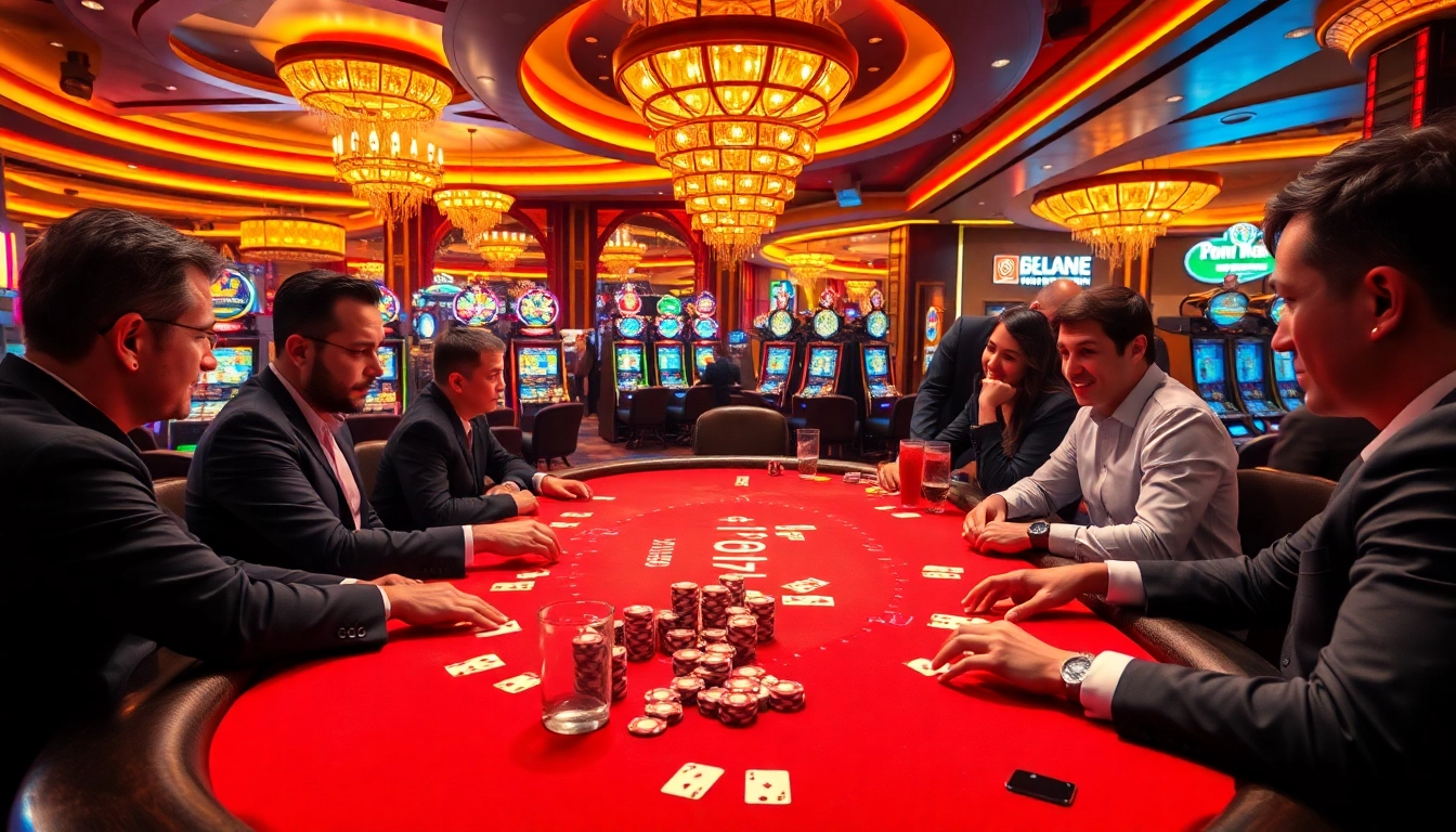 Engaging scene of players at an online casino Singapore table amidst vibrant casino decor.
