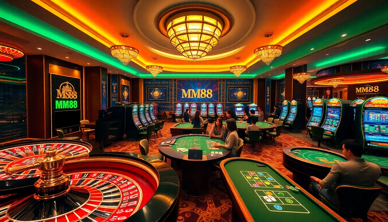 Players enjoying the luxury experience at MM88 casino with roulette, poker, and slot machines.