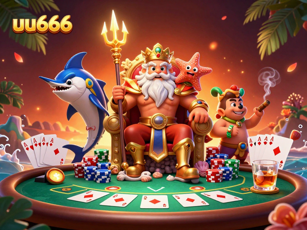 Experience thrilling poker action with uu666's vibrant and dynamic casino illustration featuring Neptune.
