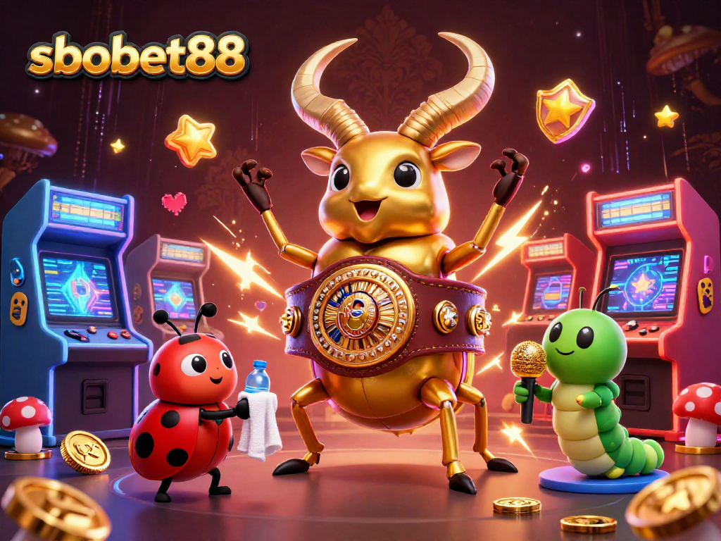 SBOBET88 sports betting illustration featuring a boxing stag beetle and vibrant game elements.