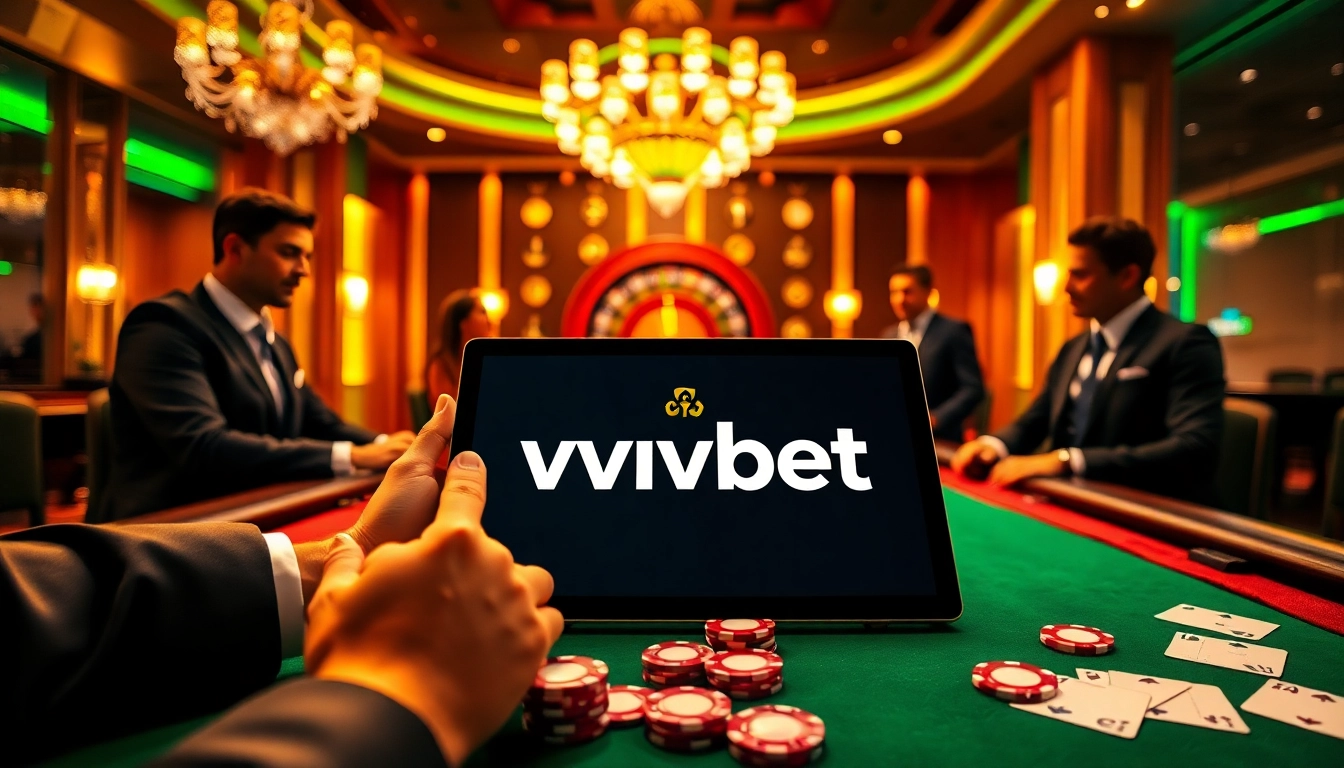Disfruta de una experiencia de juego emocionante en vvvbet, con una atmósfera de casino elegante y elementos de póker y ruleta.