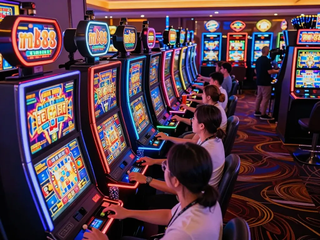 Engaged players at mb88 slot machines in a lively casino setting showcasing colorful displays.