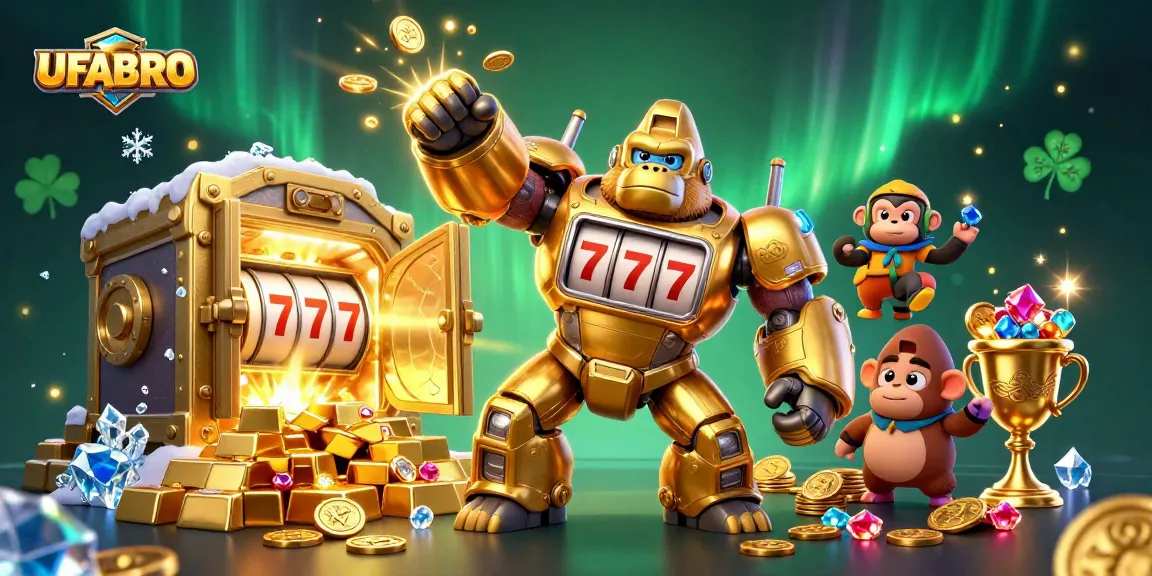 Experience thrilling victories with UFABRO’s dynamic gaming environment featuring the golden gorilla mech, slot elements, and treasures.