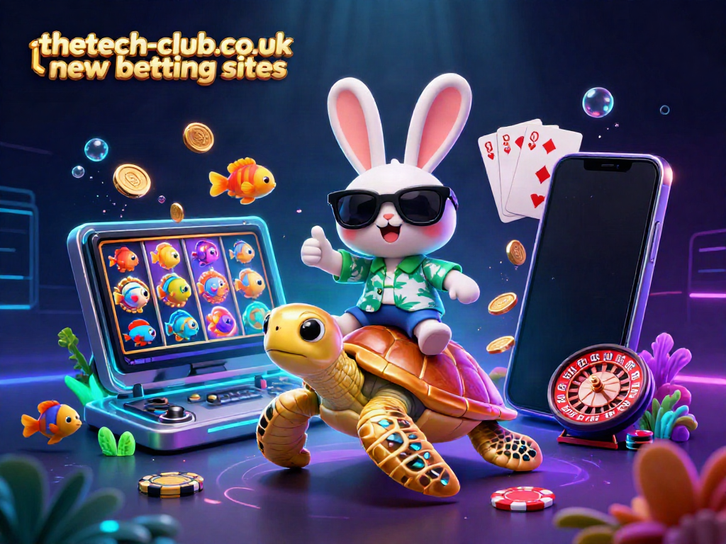 Engaging 3D scene featuring thetech-club.co.uk new betting sites with a lucky rabbit and golden turtle amid fun casino elements.