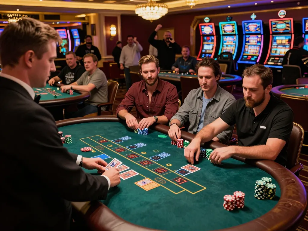 Players at a sunwin blackjack table strategizing their next moves in a luxurious casino setting.