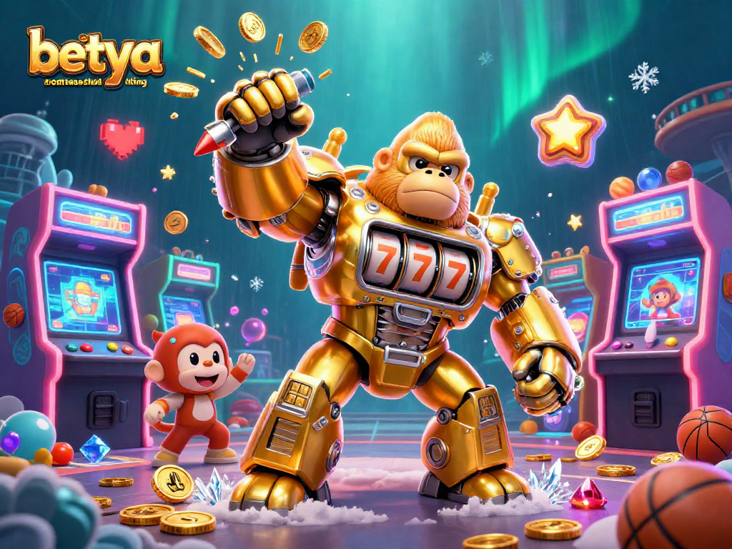 Experience thrill with betya.com basketball betting featuring a dynamic 3D gorilla mech in a vibrant casino scene.