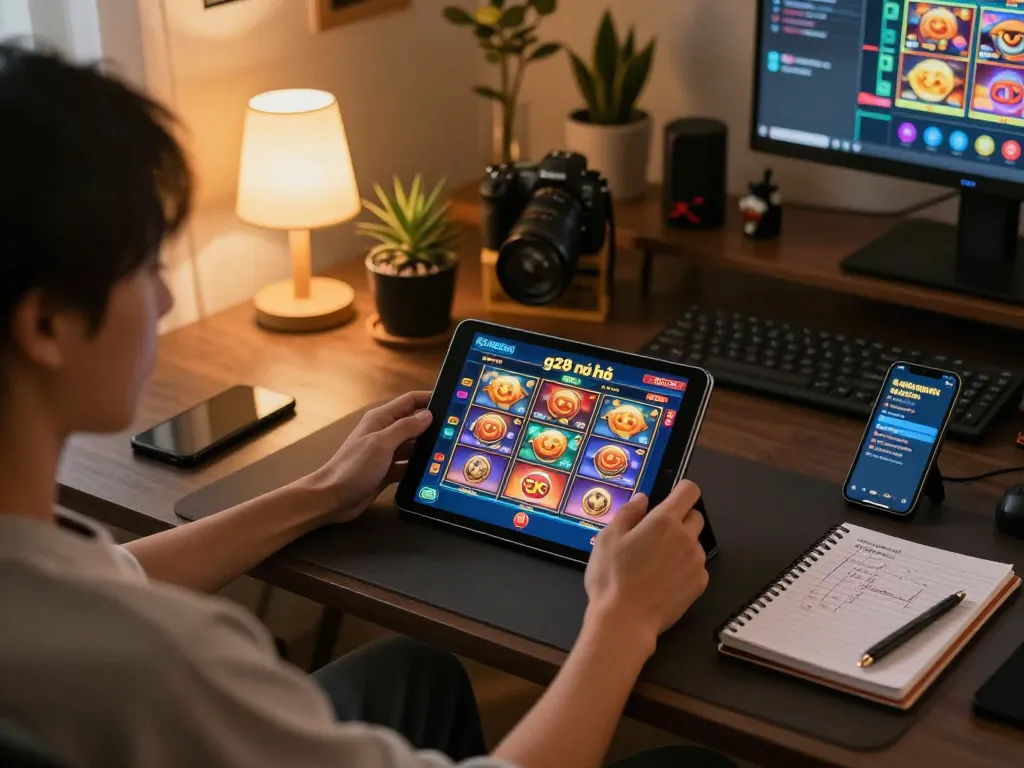 Player enjoying g28 nổ hũ on tablet while tracking strategies in a warm home setting