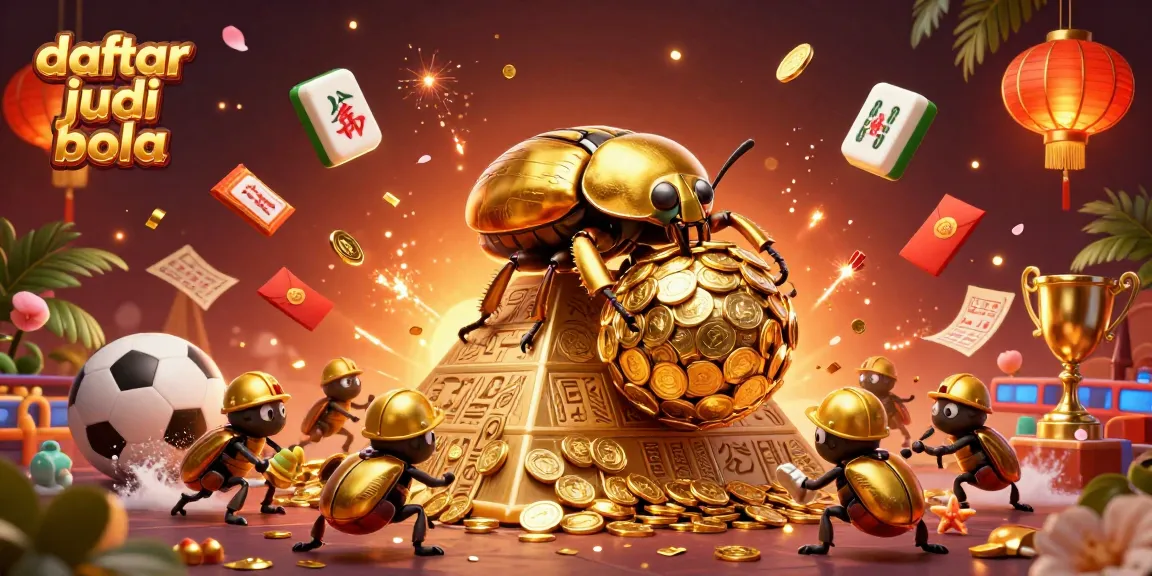 Experience daftar judi bola with a vibrant illustration featuring a golden beetle rolling coins and sporting elements.