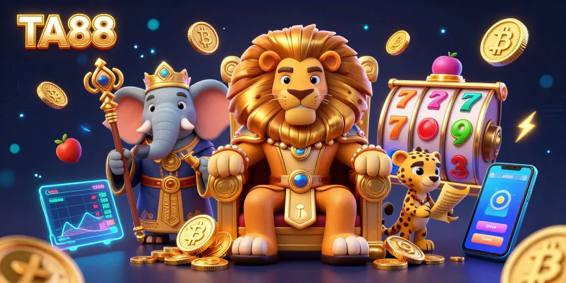 Experience thrilling wins with TA88 as a fierce lion king sits on a throne of gold coins with slot reels and crypto elements.