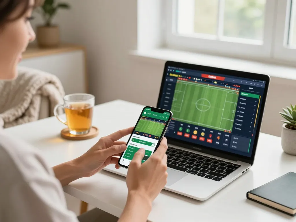 Engaging with link fly88 using a smartphone for sports betting in a cozy home office.