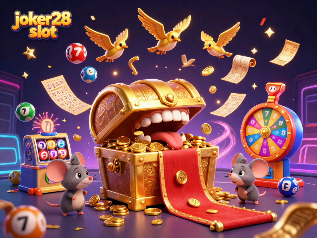 Rasakan sensasi permainan joker28 slot dalam ilustrasi 3D berwarna-warni dan dinamis.