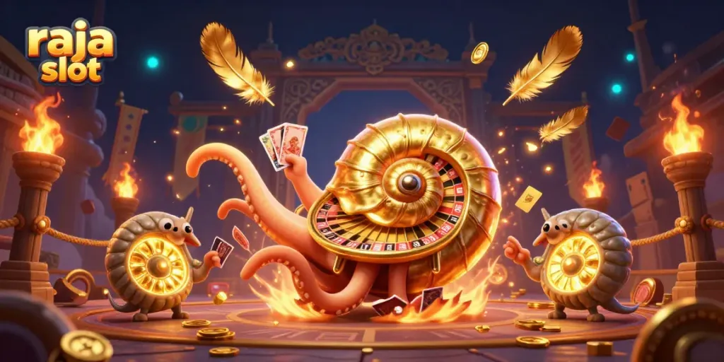 Memainkan raja slot dengan nautilus raksasa dan aksesori berkilau, dalam atmosfer kasino yang menegangkan.
