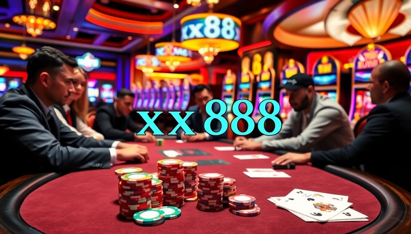 Players enjoying a thrilling poker game at xx88 casino, surrounded by vibrant slot machines.