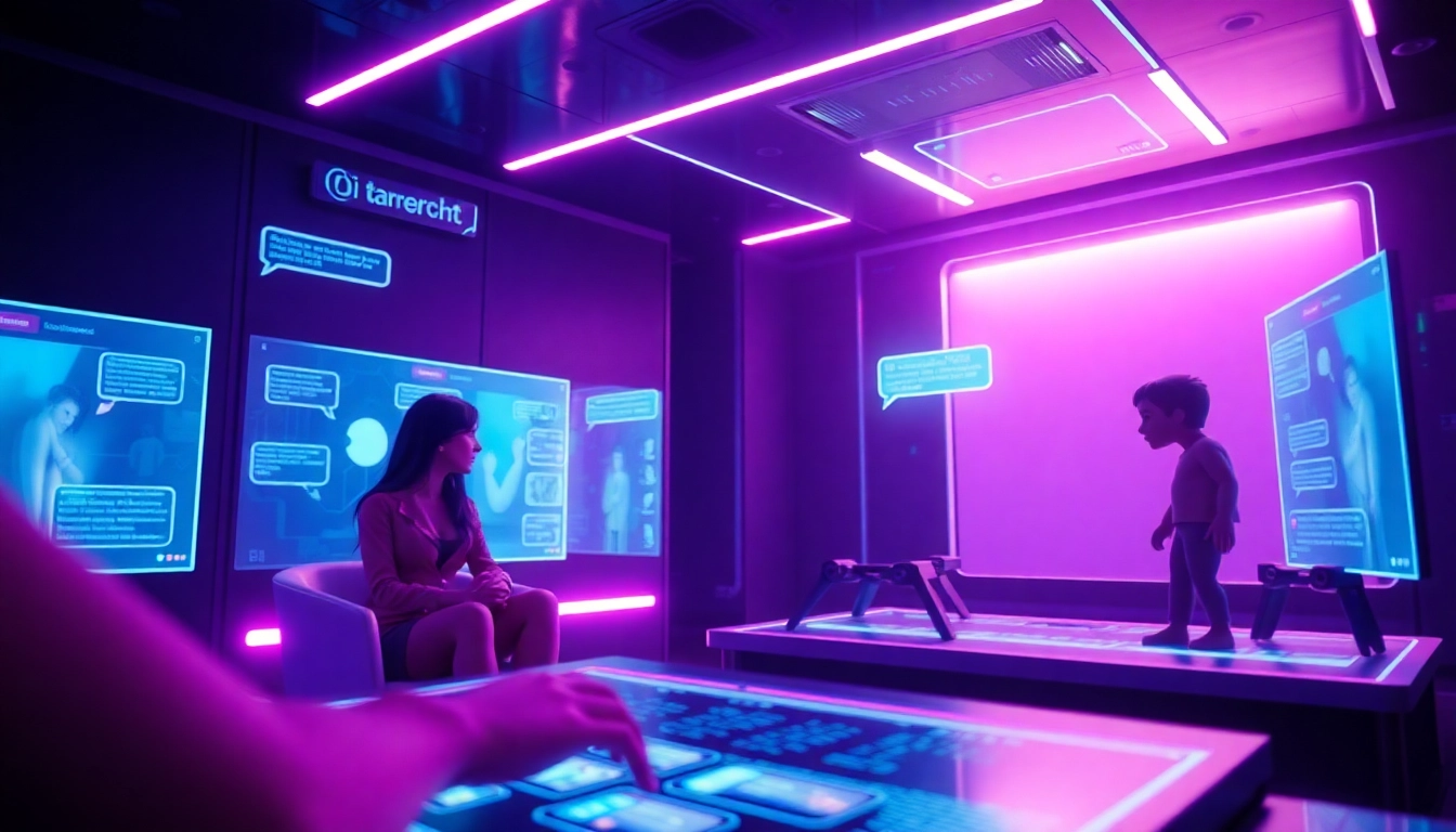 Porn AI chat showcasing immersive virtual interactions with suggestive avatars in a high-tech environment.