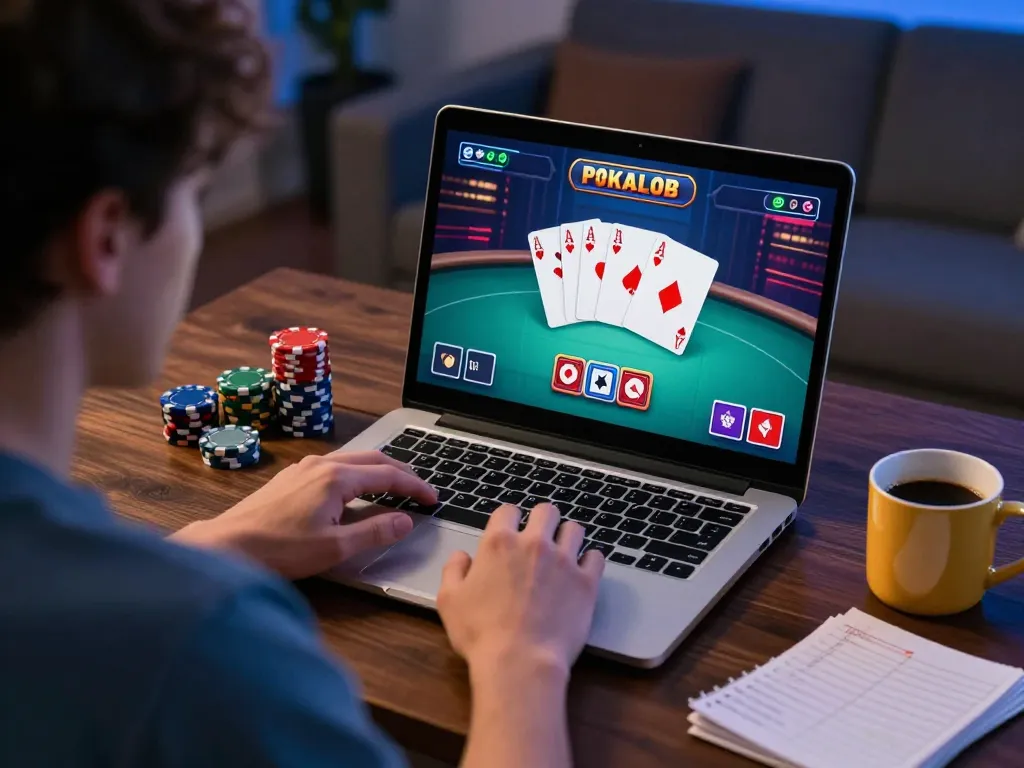 Player engaging in online poker using cm888 platform at home, showcasing strategic gameplay