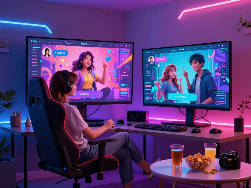 Engaging NSFW AI chat environment showcasing vibrant characters and tech interaction.