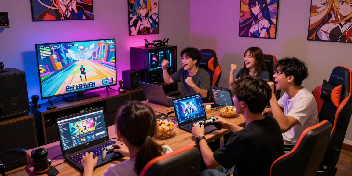 Group of friends enjoying a hentai game in a colorful gaming lounge with snacks and anime decor.