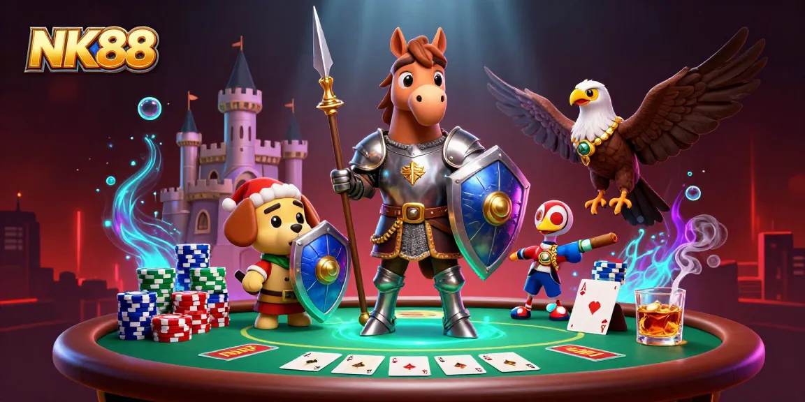 Experience thrilling gaming moments at NK88 with a dynamic scene featuring poker elements and vibrant characters.