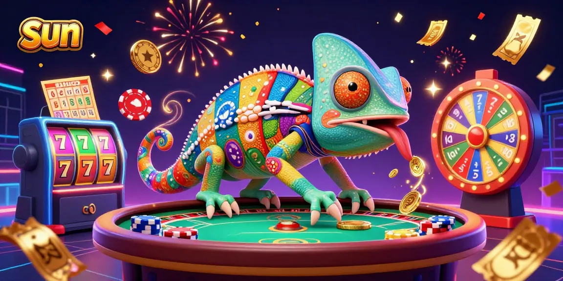 Play exciting games at Sun casino with vibrant chameleon character and dynamic slot elements.