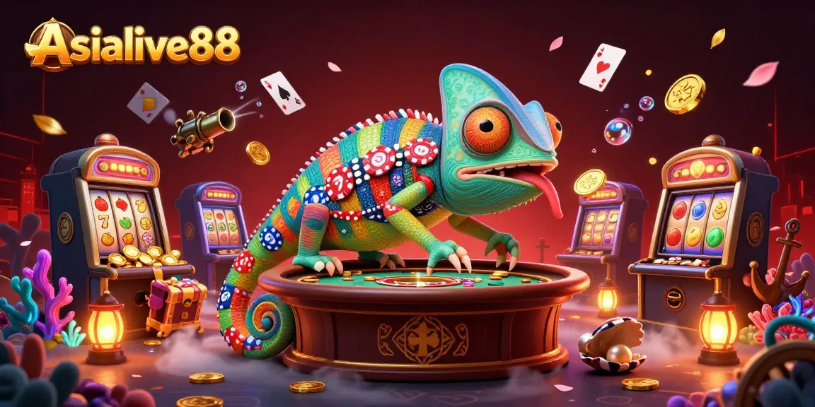 Experience the thrill at Asialive88 with vibrant slot machines and chameleon casino owner illustration.