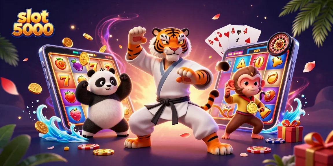 Slot 5000 menunjukkan simbol keberuntungan dengan harimau kung fu, panda, dan kera mencuri