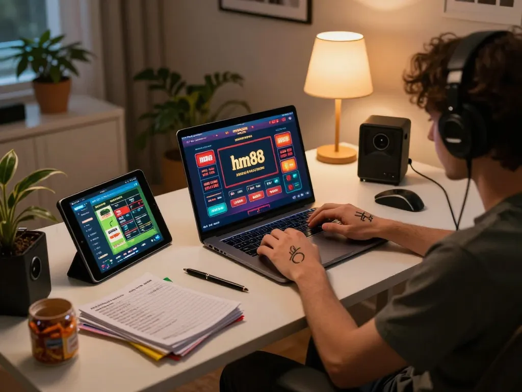 Player engaging with the hm88 online casino interface, showcasing a modern gaming setup.