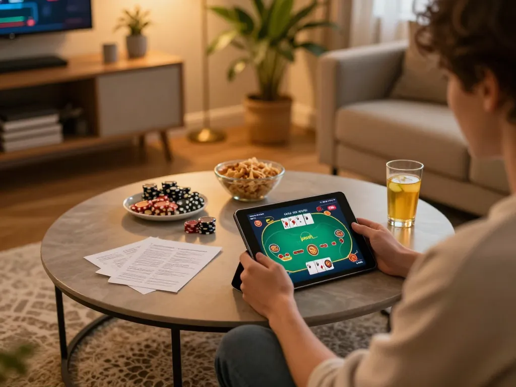 Engaging home gaming scene with gta togel on tablet amid strategy notes and cozy atmosphere.