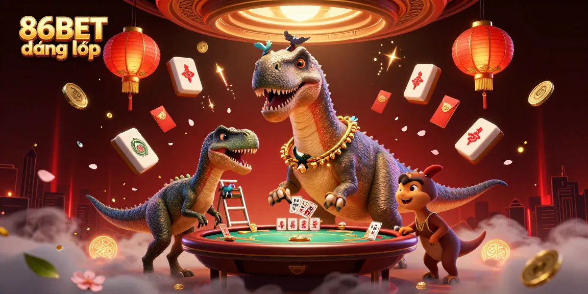 Experience the thrill of 86BET đăng nhập with a vibrant casino scene filled with animated characters and festive elements.