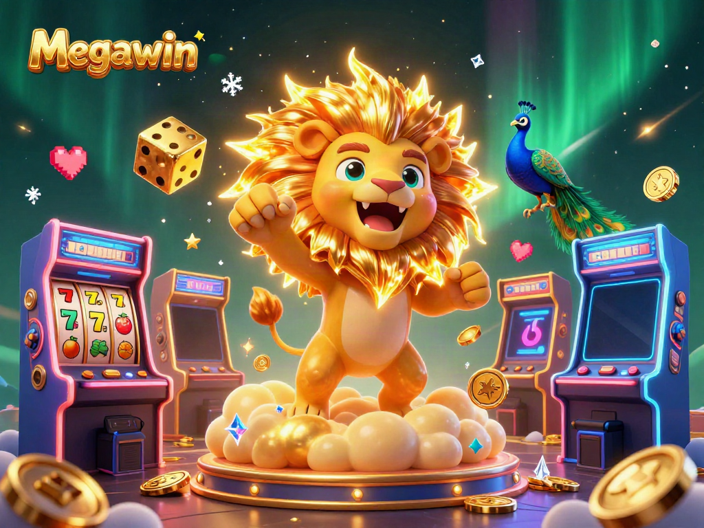 Megawin menampilkan slot jackpot dan dadu emas menggulung dalam suasana bertema kasino yang berwarna-warni.
