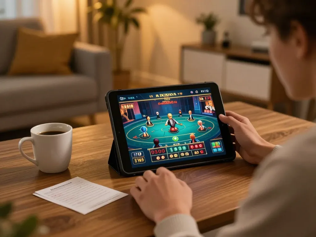 I9BET user enjoying live casino gaming on a tablet at home with strategic notes.