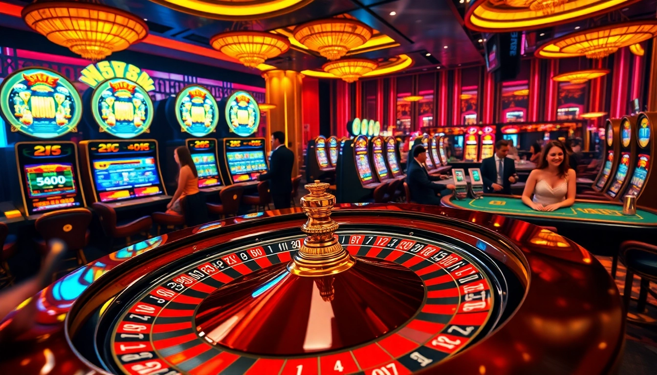 Play exciting games at nhà cái m88 with vibrant casino tables and spinning roulette wheels.