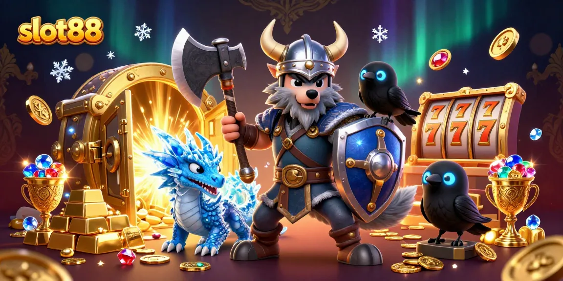 Spin thrilling slot88 reels with luck as Viking hero and fierce dragon guard treasures.