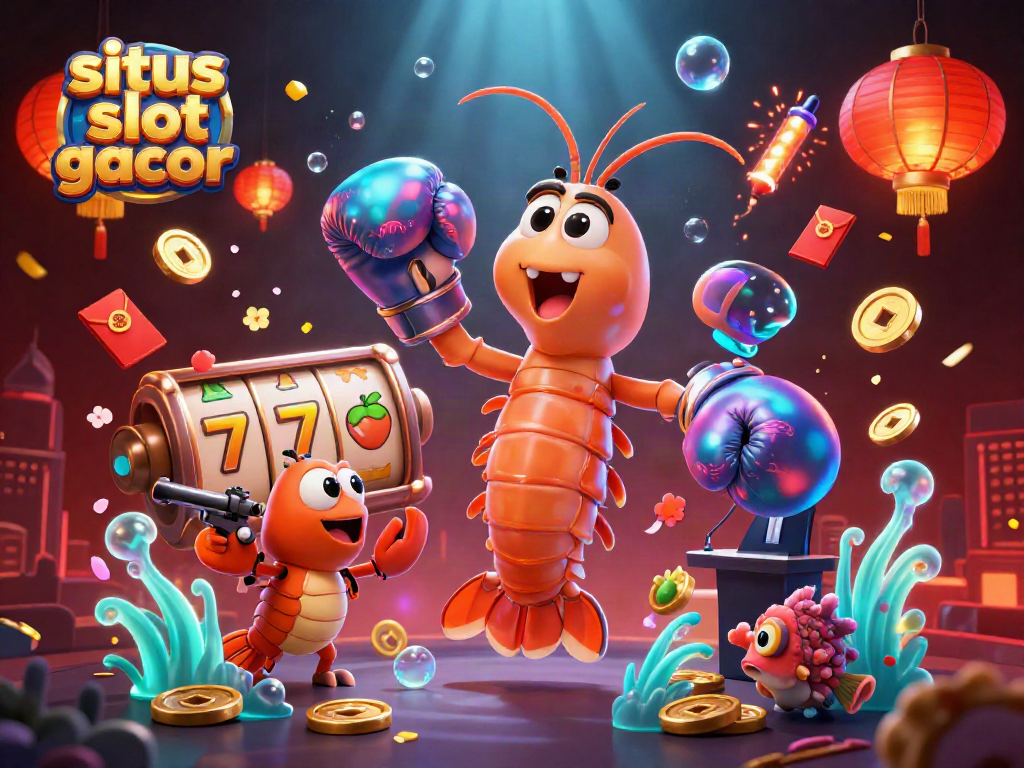 Menggulung situs slot gacor dengan karakter krustasea yang bertarung dan simbol judi yang kaya warna.