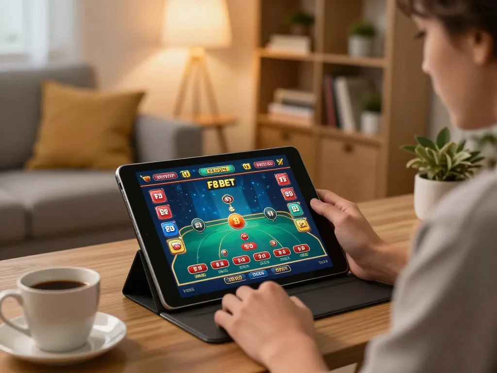 Engaging with F8 BET's online casino game on a tablet in a cozy home setting.
