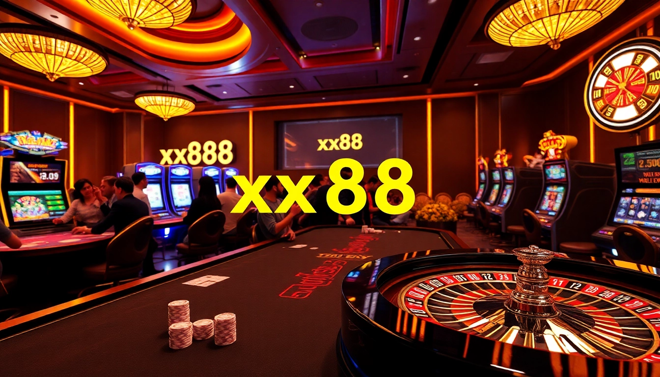 Excited gamblers at a luxurious casino scene with prominent xx88 branding and vibrant gaming elements.