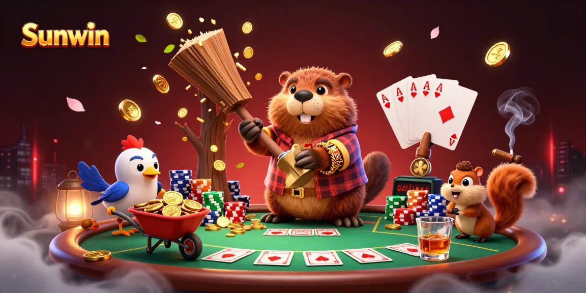 Experience Sunwin's thrilling casino atmosphere with animated characters enjoying coin rain and poker action.
