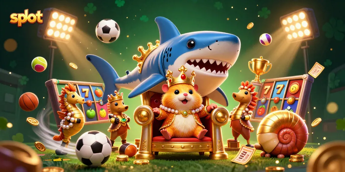 Spin for excitement with slot reels and a golden hamster king on a megalodon throne.