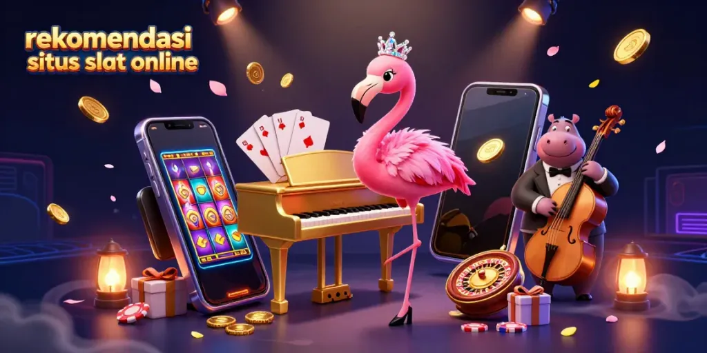 Rekomendasi situs slot online dengan karakter flamingo dan hippo di kasino, menunjukkan permainan slot.