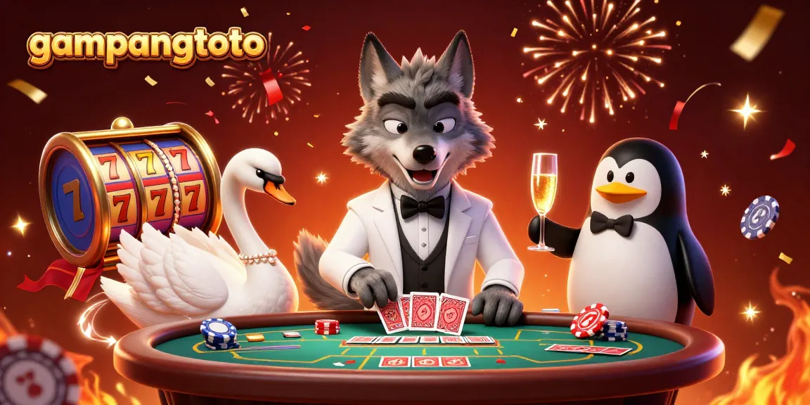 Experience exciting wins with gampangtoto's vibrant casino scene featuring a debonair wolf and elegant swan.