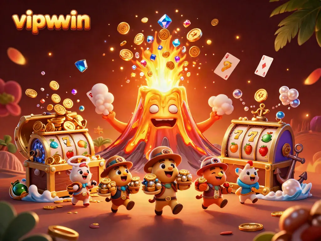 Experience the thrilling gaming action at vipwwin with a cartoon volcano erupting treasure and slot symbols.
