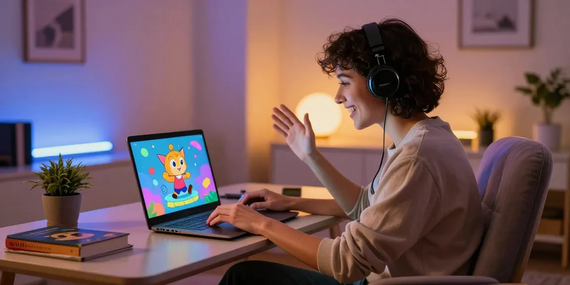 Engaging in nsfw ai roleplay on a modern laptop with colorful AI character animations, cozy room setting.