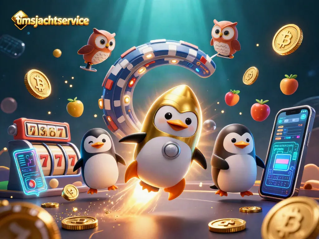 Timsjachtservice menampilkan penguin emas berpenjelajah berenergi roket di kasino dengan simbol slot dan koin kripto.