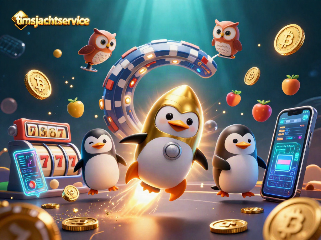Timsjachtservice menampilkan penguin emas berpenjelajah berenergi roket di kasino dengan simbol slot dan koin kripto.