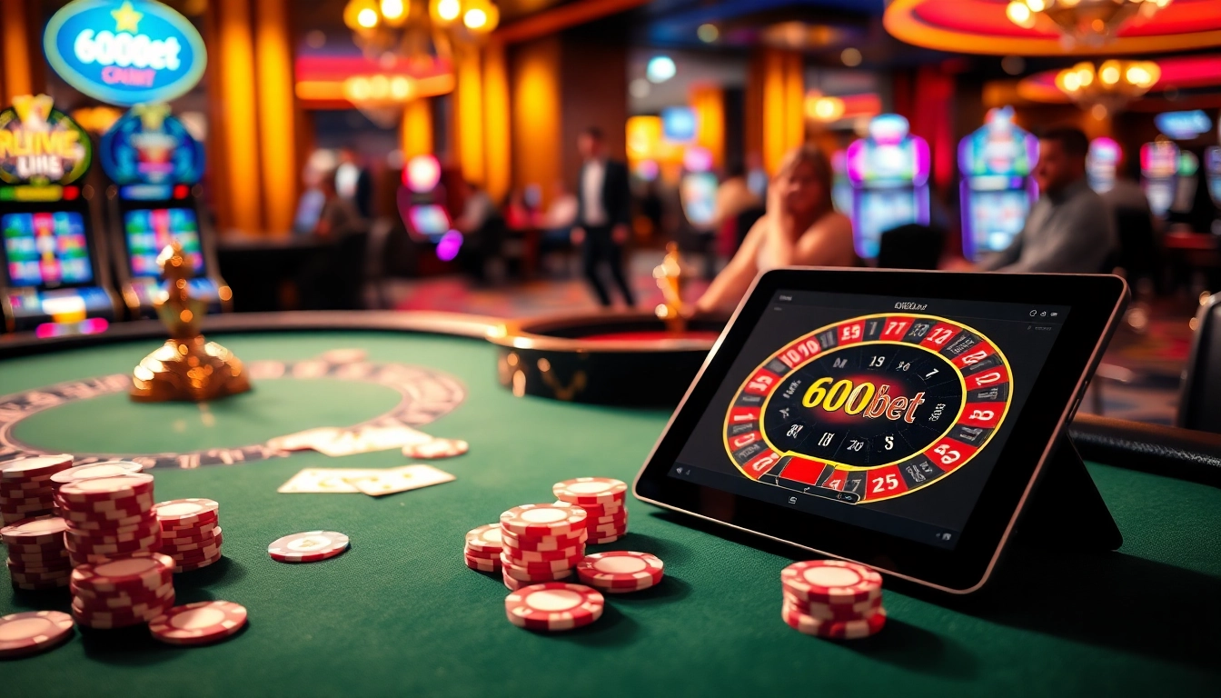 Experimenta la emoción del juego en línea con la vibrante escena del casino de 600bet, con fichas de póker y cartas.
