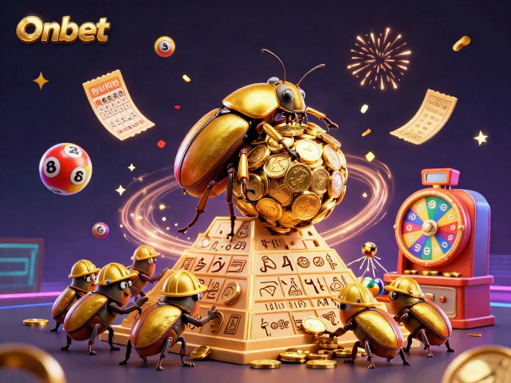 Experience thrilling winnings with Onbet's golden casino-themed adventure amid vibrant lottery elements.