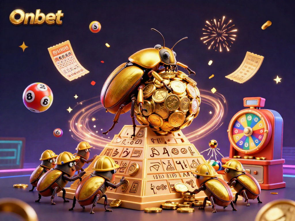 Experience thrilling winnings with Onbet's golden casino-themed adventure amid vibrant lottery elements.