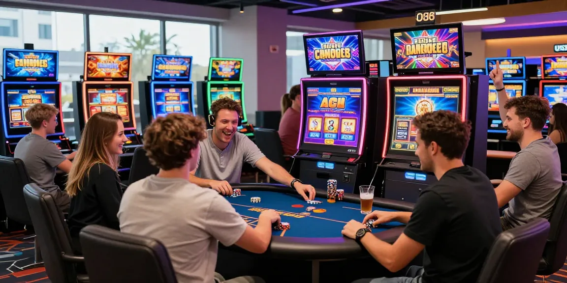 Players enjoying new online casinos with vibrant slot machines in a lively atmosphere.