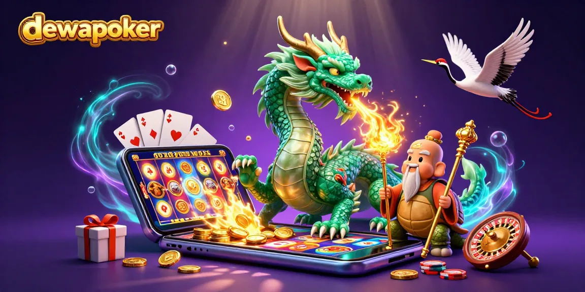 Experience the vibrant energy of dewapoker with a jade dragon and dynamic casino elements, spinning reels, and winning cards.