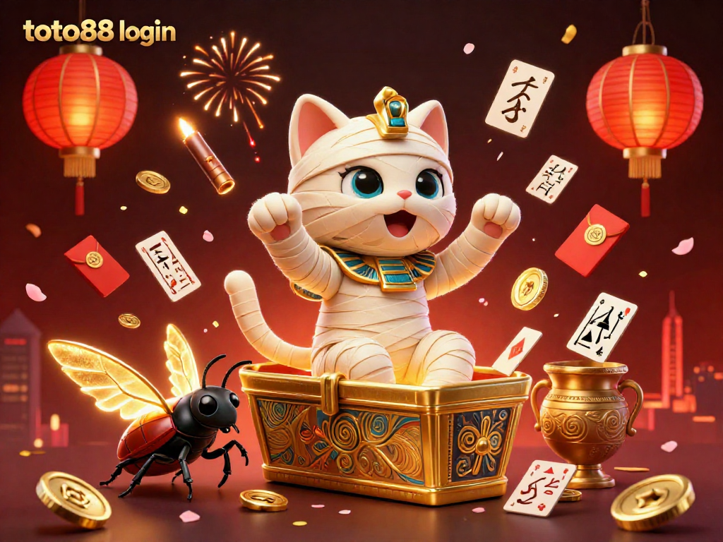 Experience the excitement of toto88 login with a glamorous 3D casino illustration featuring a mummy cat and treasures.