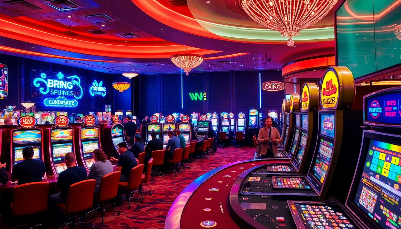 Permainan menarik di landaktoto dengan pemain di mesin slot dan meja poker, suasana kasino yang energik.
